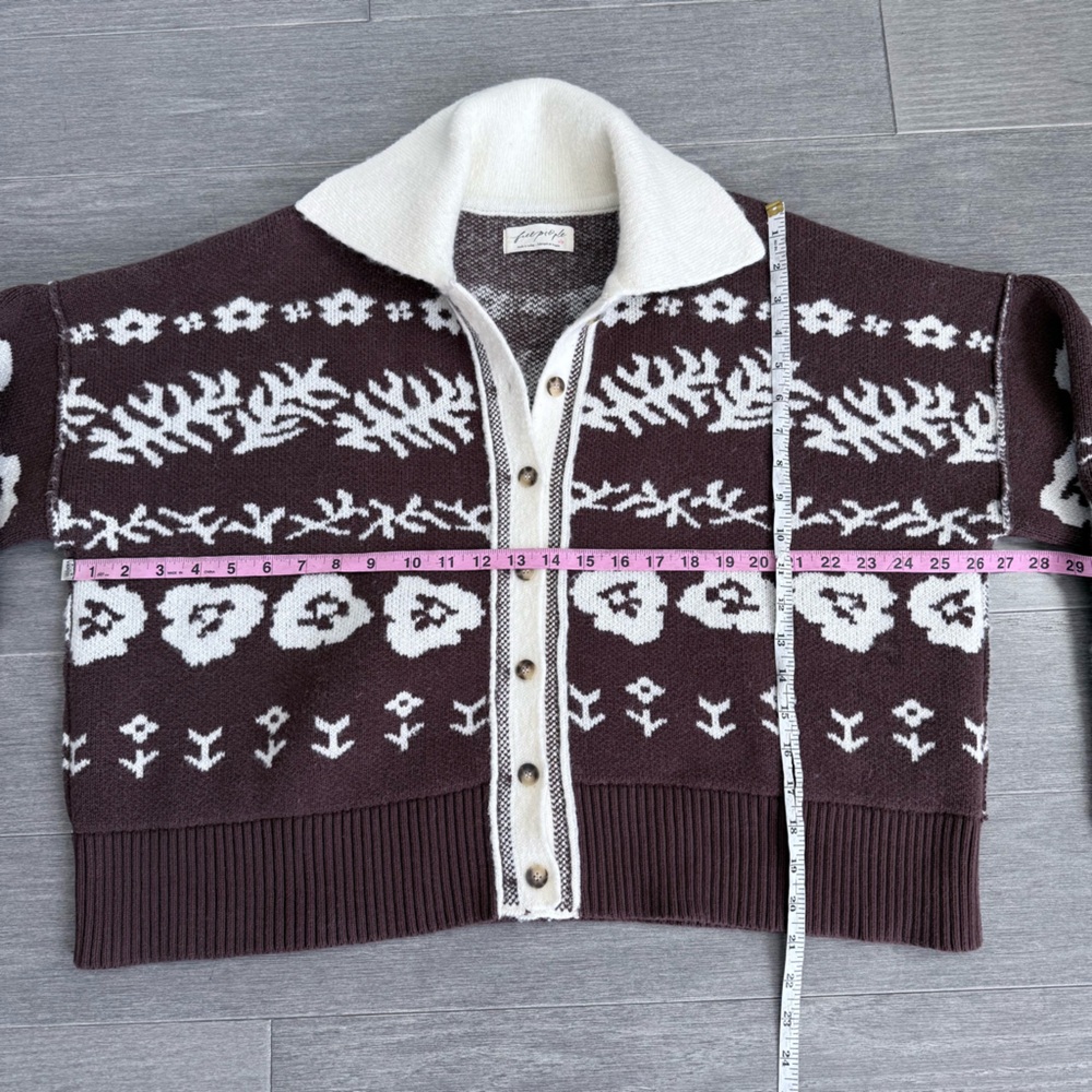Free People Shelby Cardigan in Chocolate S Cozy Jacquard Knit Boxy Sweater - Picture 15 of 16
